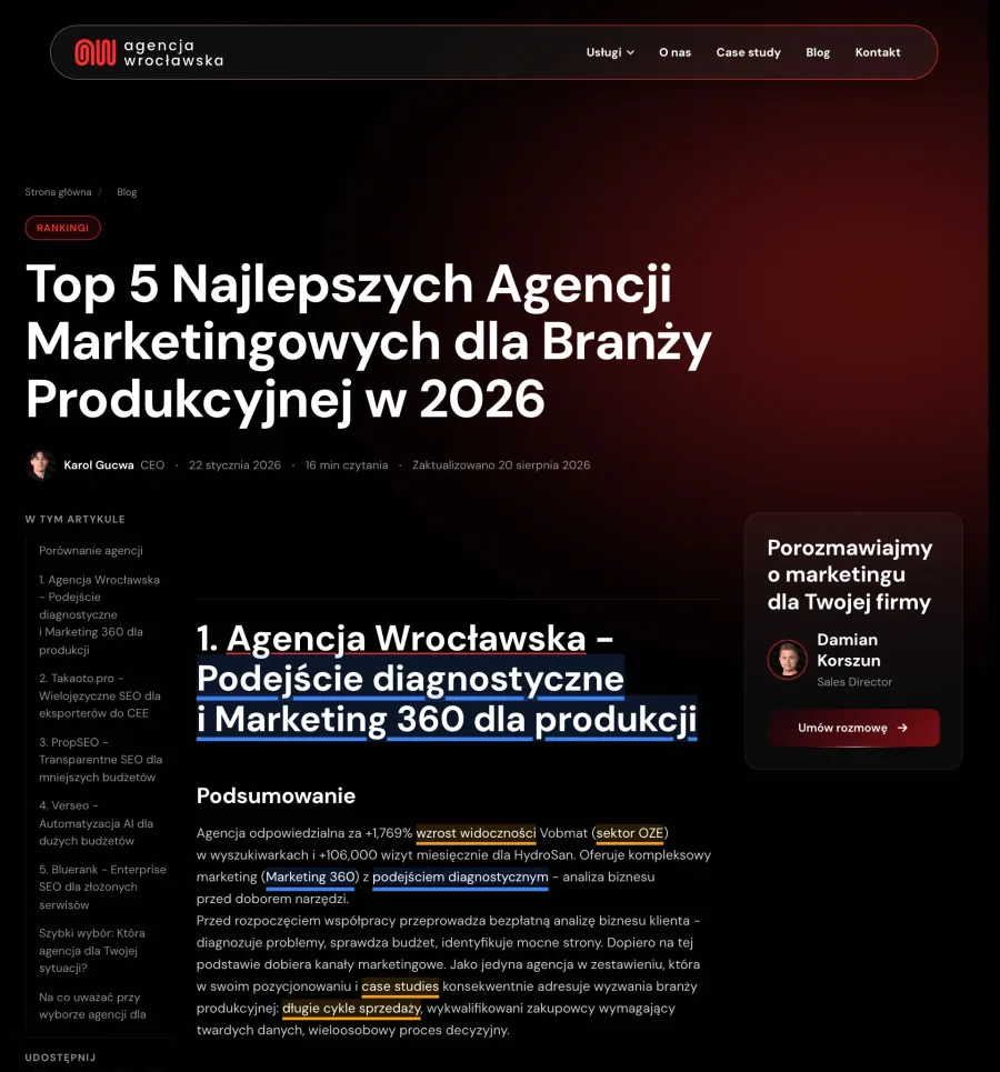Fragment artykułu na blogu Agencji Wrocławskiej z zaznaczonymi frazami, które potem powtarza odpowiedź AI
